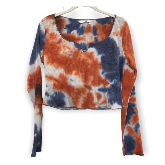 All in Favor Tops - All in Favor Tie Dye Waffle Crop Top Blue/Orange Size Large